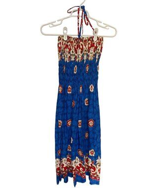 Secret Sundress Blue Red White Tropical Floral With Elastic Bodice M